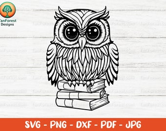 Owl svg, Bird svg, Outline svg, Cute Owl on books svg, Owl png, Mystical wise owl, Owl clipart, Owl vector, Owl svg for Cricut, Silhouette.