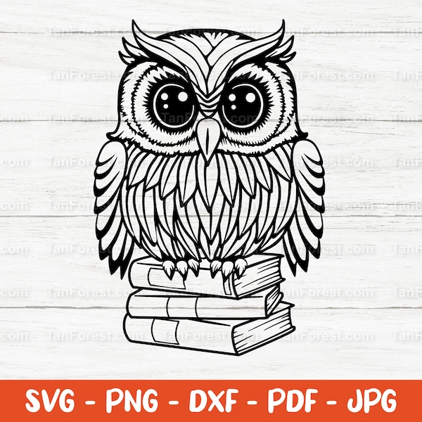 Owl svg, Bird svg, Outline svg, Cute Owl on books svg, Owl png, Mystical wise owl, Owl clipart, Owl vector, Owl svg for Cricut, Silhouette.