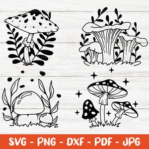 Champignon forestier SVG. Clipart de champignon. Cèpes, girolles, champignon parasol, champignon vénéneux. Fichiers de coupe Png, Dxf, Svg pour Cricut et Silhouette.