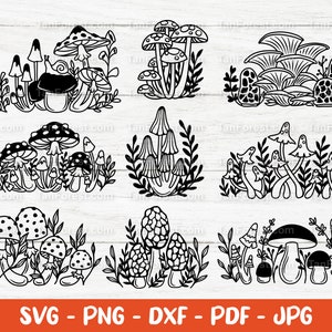 Mushroom SVG Bundle Outline. Mushroom Clipart. Fungus row svg. Floral Mushrooms svg. Fall Autumn Svg, Cut files Cricut or Silhouette PNG DXF
