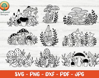 Mushroom SVG Bundle Outline. Mushroom Clipart. Fungus row svg. Floral Mushrooms svg. Fall Autumn Svg, Cut files Cricut or Silhouette PNG DXF
