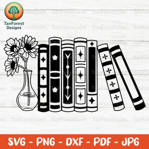 May include: Black and white graphic of a vase with flowers and a row of books. The books have decorative elements like stars and crosses. The image also includes the text "SVG - PNG - DXF - PDF - JPG".