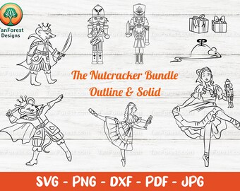May include: A black and white digital illustration set of The Nutcracker characters. The set includes a nutcracker soldier, a ballerina, a mouse king, a mouse soldier, and a gift box. The text "The Nutcracker Bundle Outline & Solid" is included in the image.
