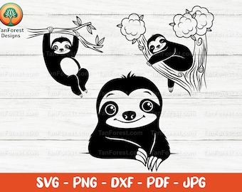 Archivos de corte Sloth Svg. Paquete Sloth Svg, Sloth Clipart, Lindo perezoso colgante, Perezoso durmiente, svg, png, dxf Cortar archivos para Cricut y Silhouette.