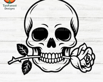 Skull with Rose SVG: Gothic Halloween Clipart (Digital Download)
