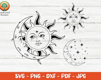 Könnte beinhalten: Schwarz-weiße Illustrationen zum Thema Himmelskörper, Sonne und Mond. Die Sonne hat ein Gesicht mit einem Stern darüber. Der Mond ist sichelförmig mit einem Gesicht und Sternen. Der Text "SVG - PNG - DXF - PDF - JPG" ist enthalten.