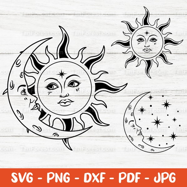 Moon and Sun SVG cut files. Celestial svg, Sun svg, Moon svg, Boho sun and moon design. Mystical and witchy svg. Personal & Commercial use.