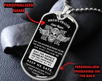 Personalized Military Dog Tag Necklace with Engraving Biker's Prayer  | Gift for Biker | Biker's Birthday Gift, Valentines Gift