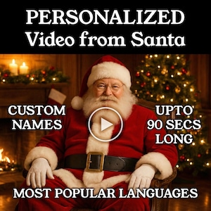 Könnte beinhalten: Werbung für ein personalisiertes Video vom Weihnachtsmann. Das Bild zeigt den Weihnachtsmann in rotem Anzug. Text: "PERSONALISIERTES Video vom Weihnachtsmann", "EIGENE NAMEN" und "BIS ZU 90 SEK. LANG".