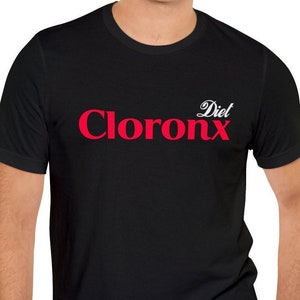 May include: Black t-shirt with a red graphic that says "Diet Cloronx" in a stylised font.