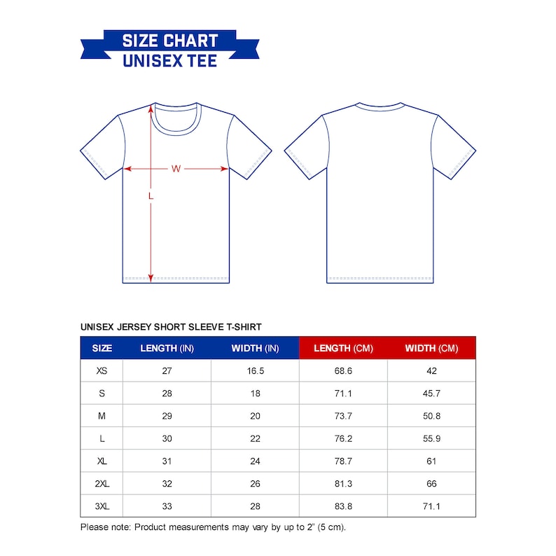Op de afbeelding: Maattabel voor een unisex T-shirt met korte mouwen. De tabel toont de maten in inches en centimeters voor maten XS tot 3XL. Let op: Productmaten kunnen vari&euml;ren tot 2" (5 cm).