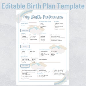 Puede incluir: Una plantilla de plan de parto imprimible con un esquema de color azul claro y blanco. La plantilla incluye secciones para "Mis preferencias de parto", "Durante el trabajo de parto", "Parto", "Después del parto", "Placenta" y "Bebé".