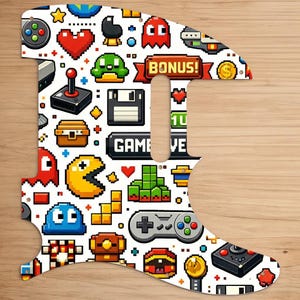 May include: A white guitar pickguard featuring a pixelated video game design. The design includes game controllers, hearts, Pac-Man, and the text "BONUS!" and "GAME OVER". The pickguard is shaped to fit an electric guitar.