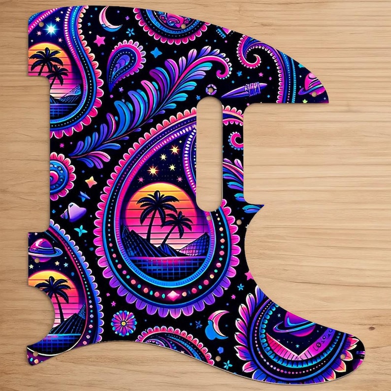 May include: A guitar pickguard with a vibrant paisley design. The black pickguard features a retro sunset scene with palm trees, mountains, and a grid pattern. The design incorporates shades of pink, purple, blue, and yellow, with stars and planets.