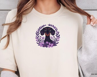 Dachshund cottagecore t shirt, doxie shirt, long haired dachshund, dachshund mom, dachshund gift, dachshund, cottage core, botanical shirt