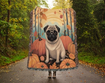 Mops Decke, Mops, Frenchie, Mops Herbst Dekor, Geschenk für Mops Mama, Mops Mama, Baumwolle, Geschenk für Mops Liebhaber, Mops gewebte Decke, Hundeliebhaber Decke