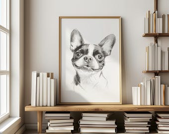 Smiling Boston Terrier Print, Black And White Dog Sketch, Pet Artwork, Gift For Dog Moms, Dog Wall Decor, Modern Boston Terrier Art, SHIPPED