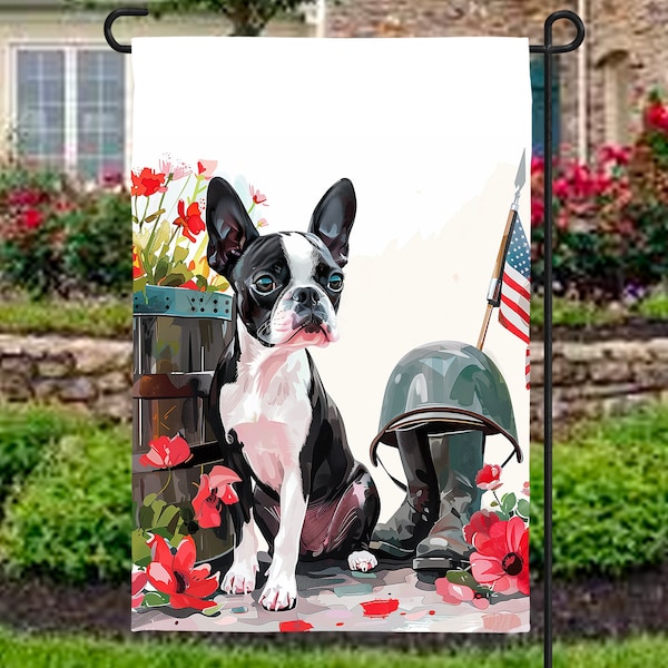 Boston Terrier Gifts, Dog Garden Flags, Memorial Day, Red Poppies, Boston Terrier Decor, Spring Porch Yard Decor, Dog Lover Outdoor Decor