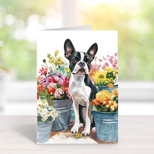 Boston Terrier Blumenmarktkarten, Boxkartenset, süße Hundekarten, Frühlingshund, 10 Kartenboxset, innen leer