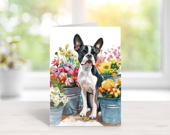 Cartes du marché aux fleurs du Boston Terrier, lot de 10 cartes, cartes de chien mignon, chien printanier, coffret de 10 cartes, intérieur vierge