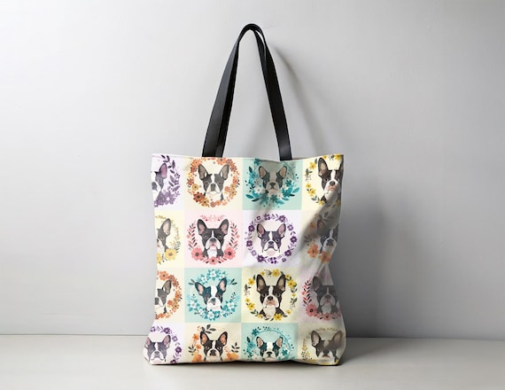 Boston Blooms Tote Bag, Dog Mom Tote Bag, Yorkie Terrier Gifts, Dog Travel Bag, Yorkie Mom