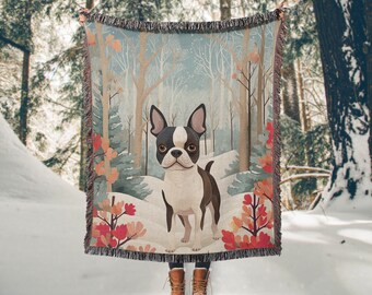 Boston Terrier Blanket, Dog Winter Forest Decor, Gift For Dog Mom, Boston Terrier Mom, Dog Lover, Autumn Woven Blanket, Christmas Blanket