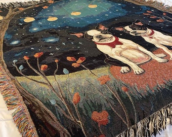 Boston Terriers Beneath The Stars Woven Blanket, French Bulldog, Dog Decor, Gift For Dog Mom, Boston Terrier Mom, Cotton Tapestry