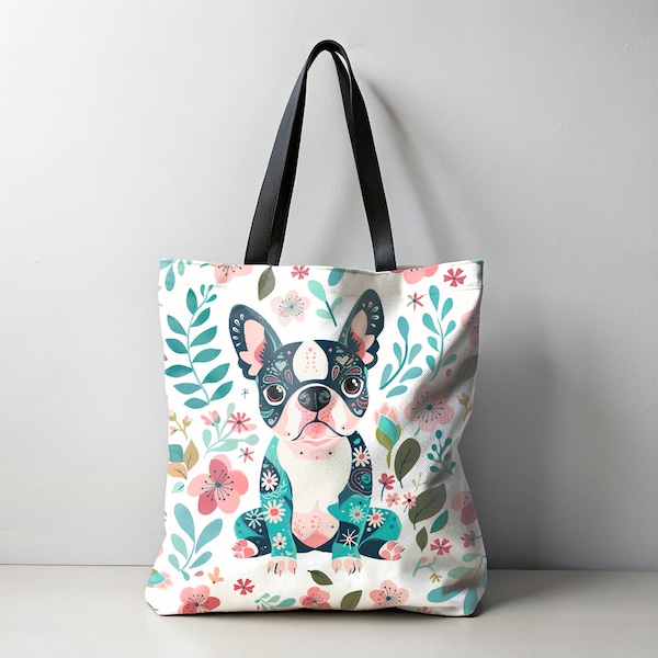 Boho Boston Terrier, Dog Mom Tote Bag, Boston Terrier Gifts, Dog Travel Bag, Boston Terrier Mom, Pet Travel Bag