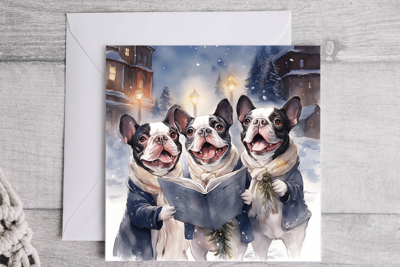 Boston Terriers Carolers Christmas Cards, Boxed Holiday Card Set, Cute