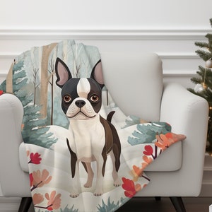 Winter Forest Boston Terrier Plush Blanket, Winter Forest Decor, Gift For Dog Mom, Boston Terrier Mom, Dog Lover, Christmas Blanket 50x60