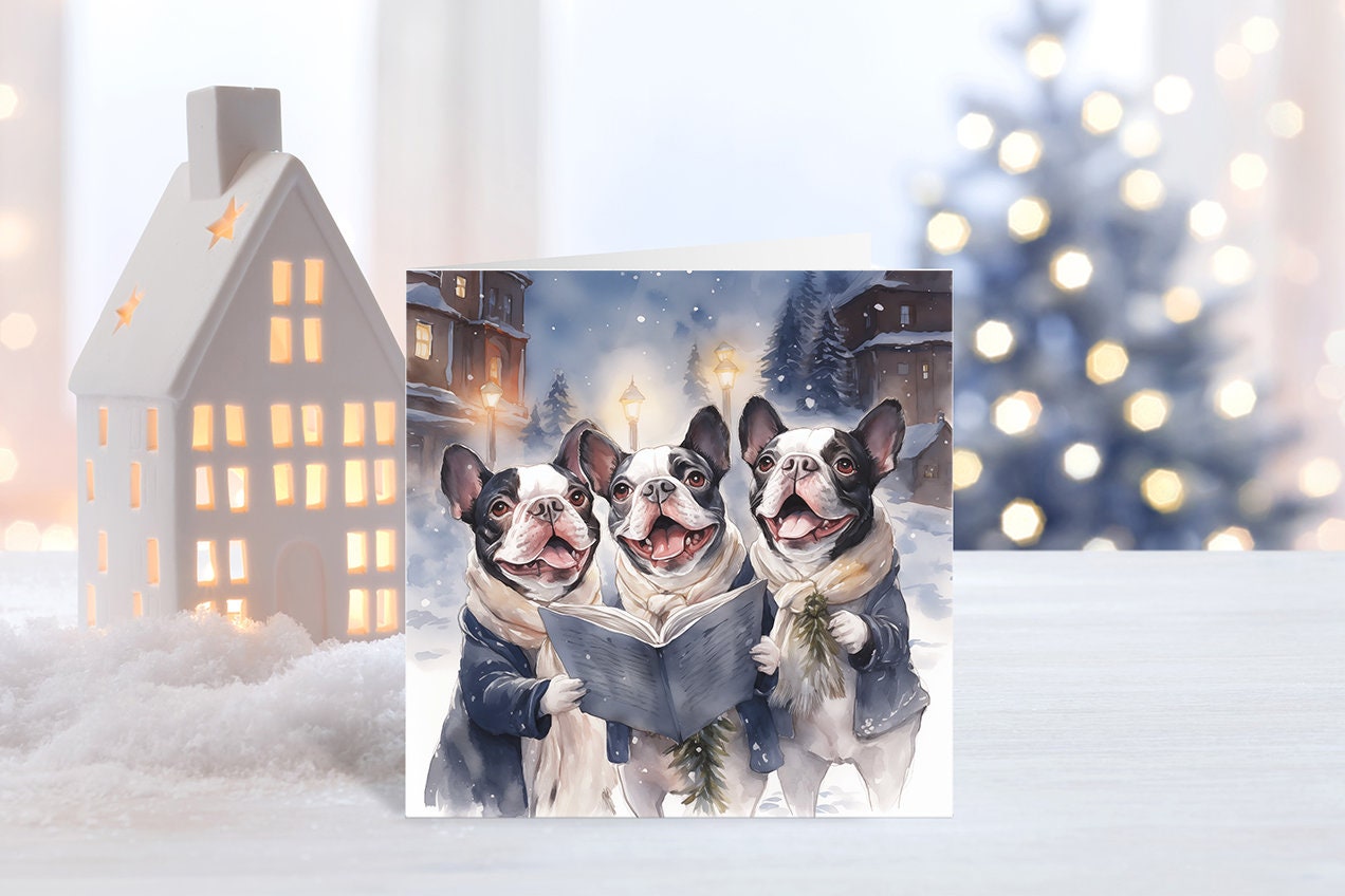 Boston Terriers Carolers Christmas Cards, Boxed Holiday Card Set, Cute