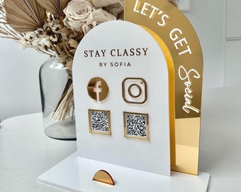 Acrylic Social Media Sign, QR Code Acrylic Business Sign for Marketing, Double Arch, Business Card Holder, Logo Branded, Instagram, Facebook