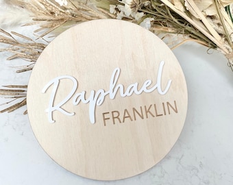 Personalised Baby Announcement Disc, Hello World Sign, Newborn Name Plaque, Baby Name Reveal, Wooden Newborn Photo Prop