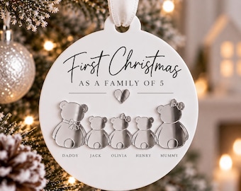 Personalised First Christmas as a Family of 5 Bauble, Family Christmas Ornament, New Baby Keepsake, Teddy Bear Decoration, Custom Family Gif