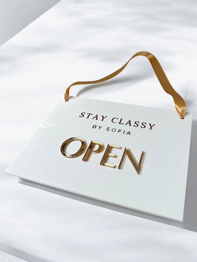 Custom Open Closed Acrylic Business Sign with Hanging Ribbon, Shop, Salon, Front of House, Shop Window, Cafe Sign, Double Sided with Logo