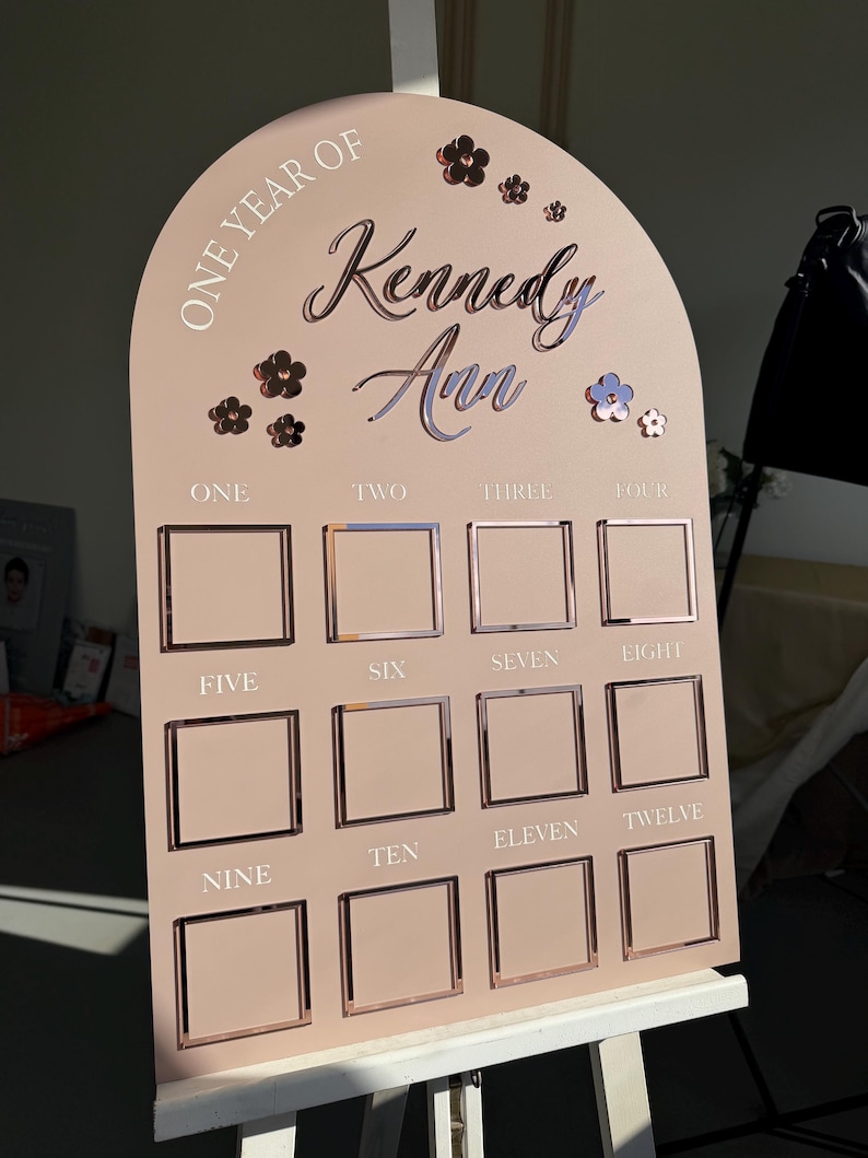 K&ouml;nnte beinhalten: Eine rosafarbene Meilensteintafel mit dem Text "ONE YEAR OF Kennedy Ann" und den Zahlen eins bis zw&ouml;lf. Die Tafel hat quadratische Rahmen f&uuml;r Fotos und Blumendekorationen. Sie wird auf einer wei&szlig;en Staffelei pr&auml;sentiert, ideal f&uuml;r den ersten Geburtstag.