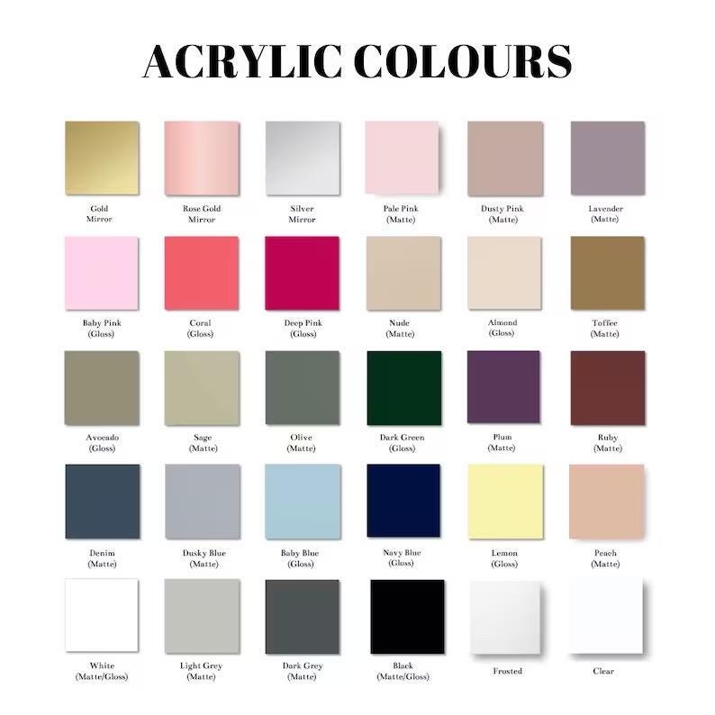 K&ouml;nnte beinhalten: Eine Farbkarte mit der Aufschrift "ACRYLIC COLOURS" zeigt eine Vielzahl von Acrylfarben. Die Karte enth&auml;lt Farbt&ouml;ne wie Gold, Silber, Rosa, Gr&uuml;n und Blau, mit matten und gl&auml;nzenden Oberfl&auml;chen. Jede Farbe ist mit ihrem Namen versehen.