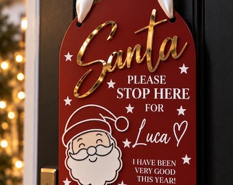 Personalised Santa Stop Here Sign, Christmas Door Hanger for Kids, Custom Name Santa Please Stop Here Plaque, Christmas Eve Decor