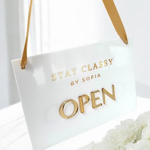 Custom Open Closed Acrylic Business Sign with Hanging Ribbon, Shop, Salon, Front of House, Shop Window, Cafe Sign, Double Sided with Logo