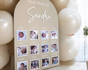1歳の誕生日フォトボード、1年間の写真サイン、12ヶ月の赤ちゃんの成長記録ボード、1歳の誕生日サイン、1歳の誕生日パーティーデコレーション