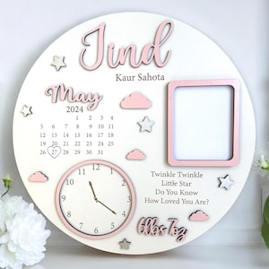 Personalised Birth Details Plaque with Photo Frame, Custom New Baby Keepsake Gift, Wooden Baby Name Plaque, Birth Announcement Sign