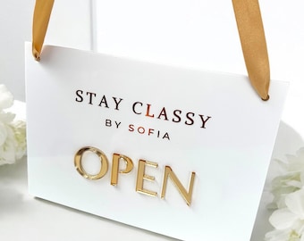Custom Open Closed Acrylic Business Sign with Hanging Ribbon, Shop, Salon, Front of House, Shop Window, Cafe Sign, Double Sided with Logo