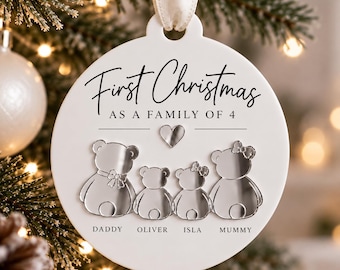 Personalised First Christmas as a Family of 4 Bauble, New Baby Christmas Ornament, Teddy Bear Family Keepsake, Mum Dad Baby Gift