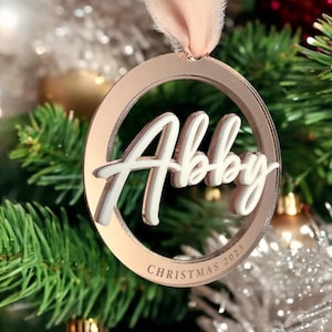 Acrylic Name Bauble with Engraved Text, Personalised Christmas Ornament, Custom Double Layered Christmas Tree Decoration, Bespoke Xmas Gift