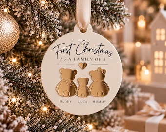Personalised First Christmas as a Family of 3 Bauble, New Baby Christmas Ornament, Teddy Bear Family Keepsake, Mum Dad Baby Gift