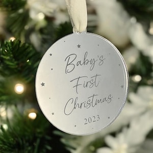 Baby’s First Christmas Ornament, Custom Engraved Acrylic Christmas Bauble, New Baby Keepsake Bauble, Baby’s 1st Xmas Tree Decoration