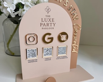 Acryl Social Media Schild, QR-Code Acryl Business Schild für Marketing, Double Arch, Visitenkartenhalter, Logo Branded, Instagram, Facebook