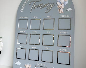Kundenspezifisches erstes Geburtstags-Fotobrett, ein Jahr Fotos Meilensteinbrett, personalisiertes Baby-Fotobrett, Teddybär-Geburtstagsschild