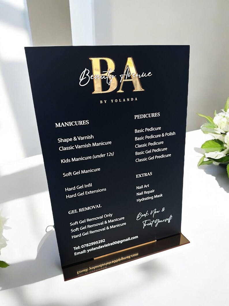 Custom Acrylic Price List Sign, Modern Salon Display Sign, Display Custom Business Sign Acrylic, Personalised Treatment Board, Salon Signage