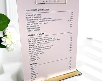 Kundenspezifisches Acrylpreisliste-Zeichen, modernes Salon-Anzeigenschild, benutzerdefiniertes Geschäftszeichen Acryl, personalisiertes Behandlungbrett, Salonbeschilderung